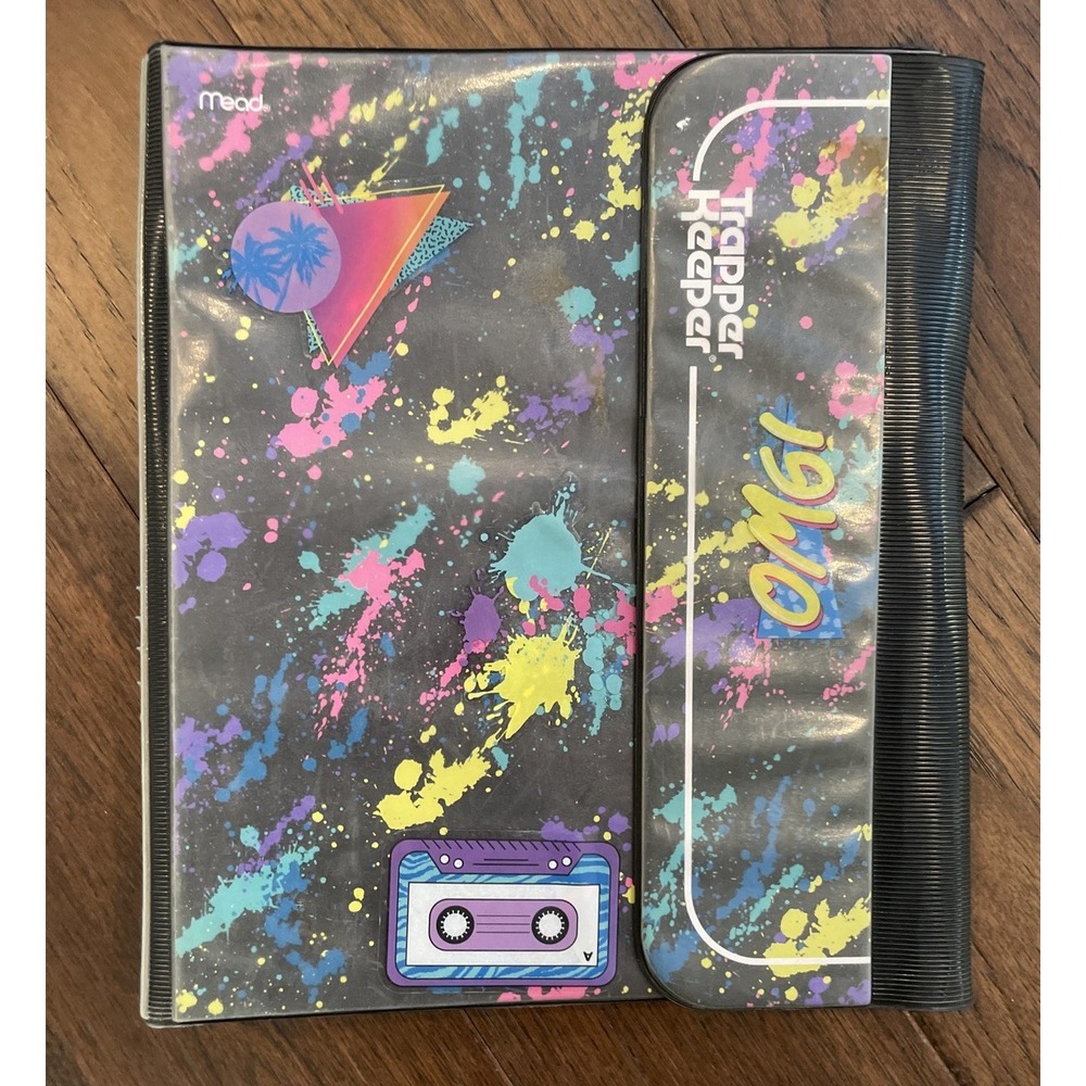 Vintage 90s Mead Trapper Keeper Paint Splatter Print Neon Retro Binder Pouch